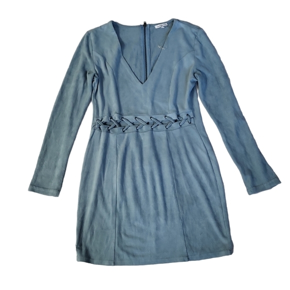 EUC faux suede Charlotte Russe women's green cutout lace waist mini dress, M - Picture 4 of 7